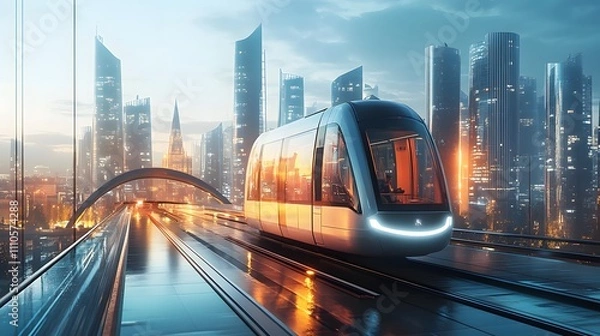 Fototapeta A futuristic tram crossing a modern city bridge with skyscrapers in the background