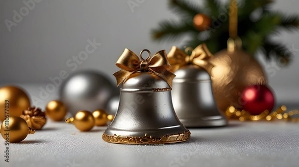 Fototapeta golden Christmas bells decorated with red bows