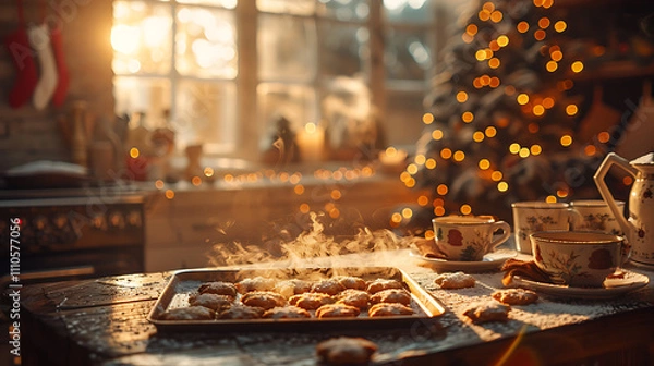Fototapeta Cozy Christmas Kitchen Scene with Warm Cookies Baking, Magical Holiday Atmosphere of Soft Light, Steam Rising from Freshly Baked Treats Surrounded by Festive Decor