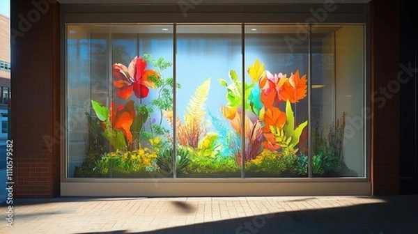Fototapeta Vibrant floral display in a storefront window. The colorful artwork brings a burst of energy to the urban scene.