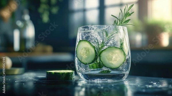 Fototapeta Refreshing cucumber and rosemary drink in a glass. Perfect for a summer day!
