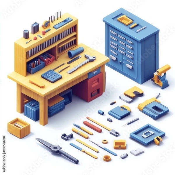 Fototapeta Isometric workshop with tools and workbench.