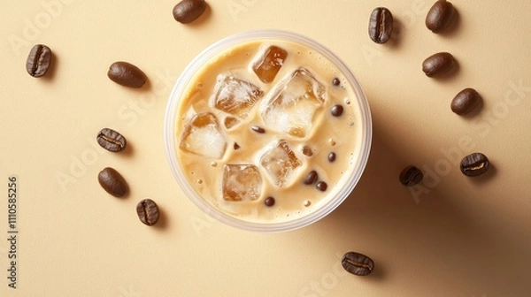 Obraz Iced coffee in a plastic cup with ice cubes and coffee beans.