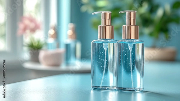 Fototapeta sleek transparent bottle filled with clear liquid, placed against a minimalist background. The image evokes purity, simplicity, and modern elegance, symbolizing clarity and refined aesthetics