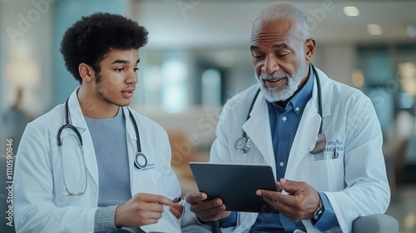 Obraz A Young Medical Student Engaging in a Learning Session with an Experienced Doctor in a Bright and Modern Healthcare Environment