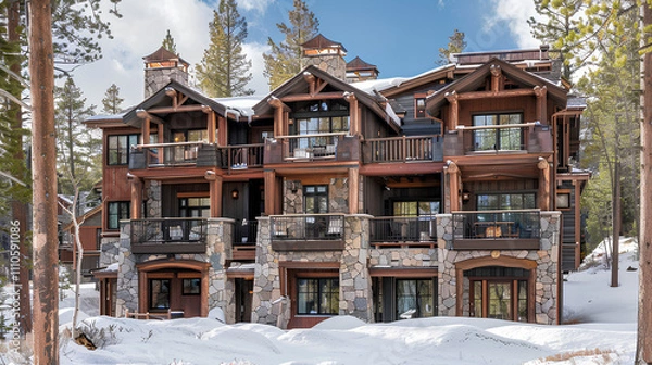 Fototapeta large, rustic two-story townhouse with stone and wood details in the style of ski lodge architecture, situated on snow-covered ground near pine trees.