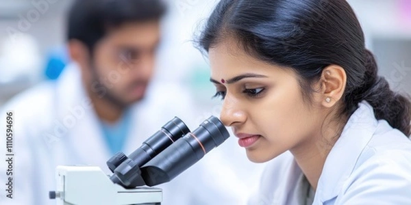 Fototapeta Female Indian scientist using a microscope in a lab with a male student on blur background