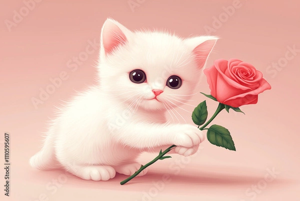 Obraz white cat with pink rose