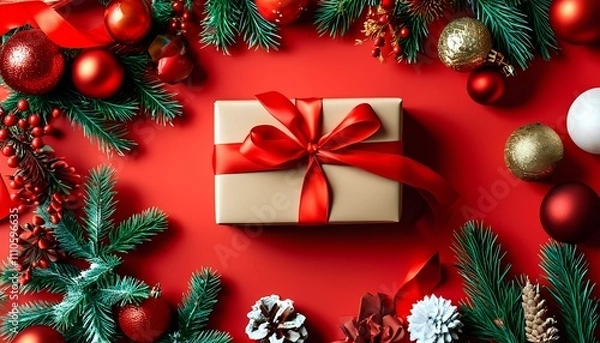 Fototapeta Festive holiday gift presentation cozy home setting seasonal decor vibrant environment top-down view celebratory concept for enhanced holiday cheer