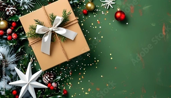 Fototapeta Holiday gift preparation home festive decorations cozy atmosphere overhead view celebrating joy and giving spirit