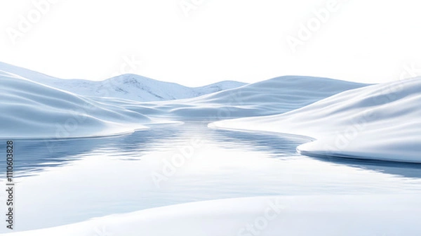 Obraz Serene Snow Landscape Depicting a Frozen Lake Surrounded by Gentle Hills Isolated on a Pure White Background Capturing Winter's Tranquility