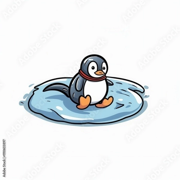 Fototapeta A cute cartoon penguin sitting on a patch of ice, exuding a playful and cheerful mood.