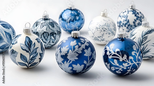 Fototapeta Sparkling Collection of Blue and Silver Christmas Balls Against White Background for the New Year
