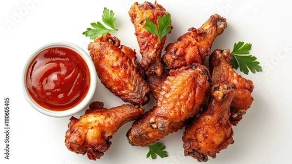 Obraz delightful combination of crispy fried chicken wings and savory dipping sauce, artfully arranged on a white background from a beautiful top view