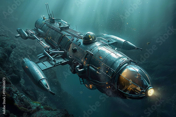 Fototapeta Beautiful large bathyscaphe floating in middle of ocean during exploration