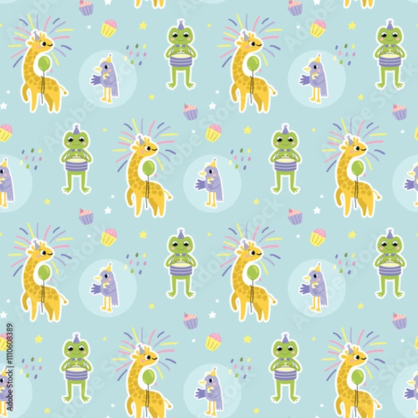 Fototapeta Happy birthday seamless pattern with jungle animals