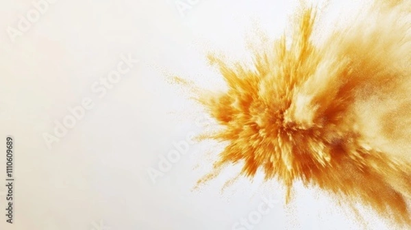 Fototapeta Explosion of golden powder on a white background, dynamic abstract art. Creative energy and movement concept