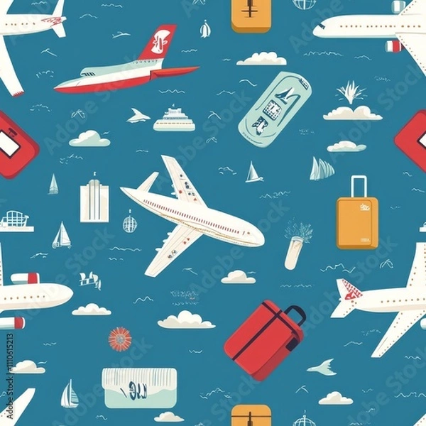 Obraz Seamless Travel Pattern with Airplanes and Luggage seamless, pattern, background, texture