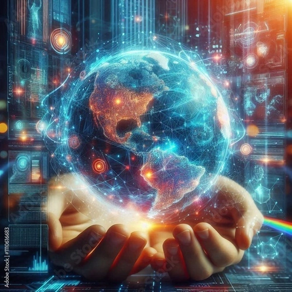 Fototapeta Hands holding a digital globe surrounded by futuristic data and holographic elements