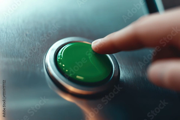 Fototapeta Hand pressing green button. A close-up of a finger pressing a green button on a metallic surface, symbolizing interaction and technology.