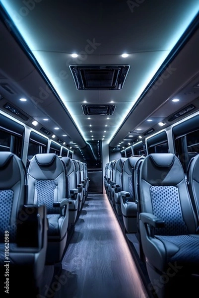 Obraz Minimalist luxury bus interior with spacious seating and modern finishes. Soft lighting and clean lines for a stylish long-distance travel experience.