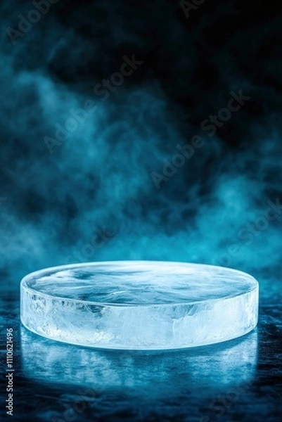 Fototapeta A round glass podium made of ice on dark blue background