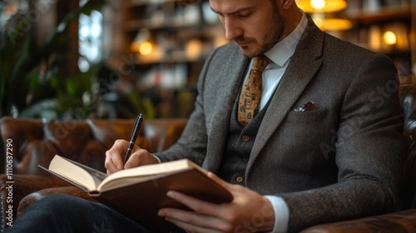 Fototapeta Man in Suit Writes in a Leather Bound Book