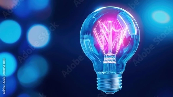 Fototapeta Bright light bulb glowing with vibrant pink filament and blue background.