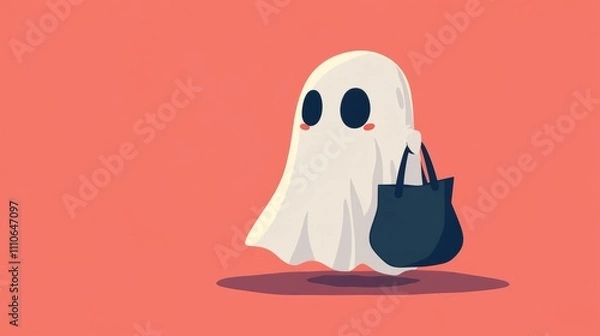 Fototapeta Cute ghost carrying a bag, cartoon style, with a playful expression against a coral background.