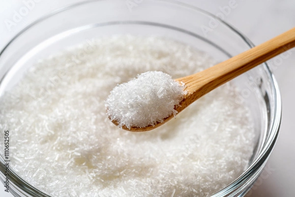 Obraz Monosodium glutamate in a wooden spoon over glass bowl full of MSG white crystals close-up. Concept of E621 flavor enhancer food additive.