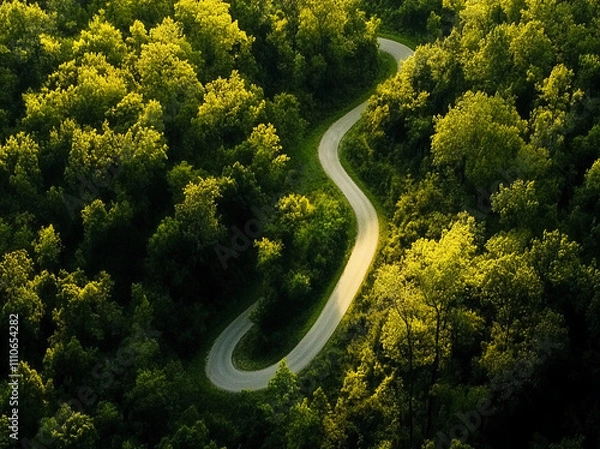Fototapeta Winding road through lush greenery in a serene forest setting during daylight hours