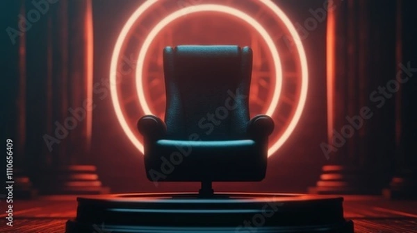 Fototapeta A mysterious, illuminated chair stands against a glowing circular backdrop, creating a dramatic and atmospheric scene.