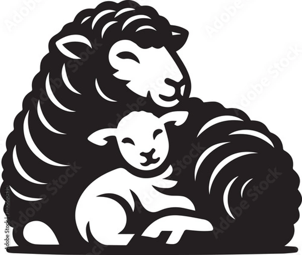 Fototapeta A sheep cuddled up with a lamb looking nurturing silhouette vector