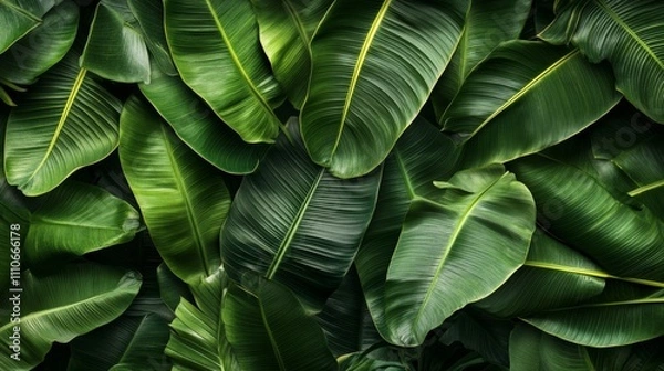 Fototapeta A dense arrangement of green tropical leaves, showcasing their textures and vibrant colors.