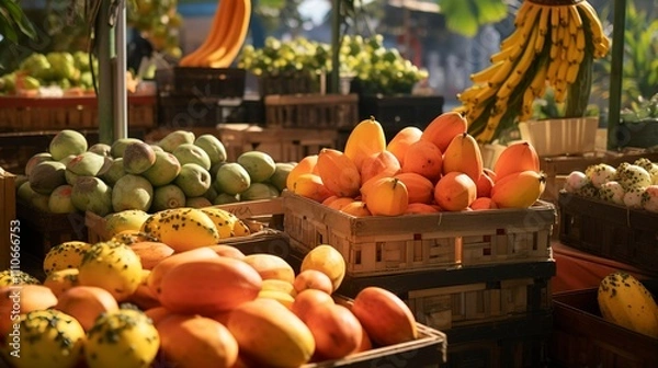 Obraz A photo of a farmers market stall with bins of ripe peach