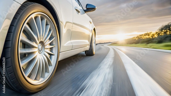 Fototapeta Motion blur captures the car's swift passage, a blur of speed and freedom.The car's wheels spin, leaving a trail of motion in their wake.Highway stretches ahead, a ribbon of asphalt disappearing into 