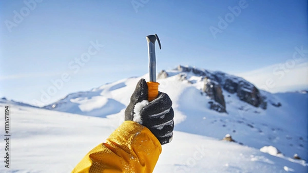 Fototapeta Hand winter sport glove on snow, ice and rock in the background. Snow and ice, blue sky. Winter climbing, hiking and ski touring. Point of view of an climbing tool in a hand of an alpinist.
