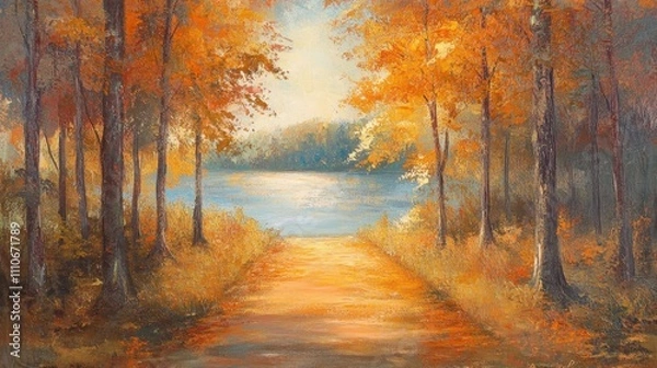 Fototapeta A golden autumn forest pathway, lined with trees in vibrant orange hues, leading to a tranquil lake under soft sunlight