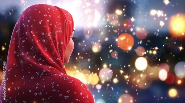 Fototapeta Woman in Red Hijab Surrounded by Blurred Lights and Sparkles