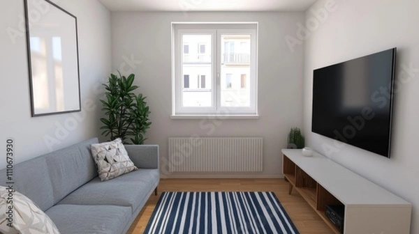 Fototapeta Modern Minimalist Living Room with Couch and Television Setup
