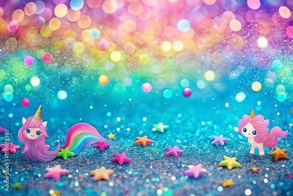 Obraz Cute Pink and Blue Glitter Sparkle Confetti Background for a Happy Birthday Party Invite Featuring Princesses, Rainbows, Unicorns, and Colorful Mermaids for Kids