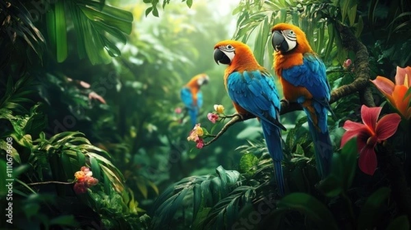 Fototapeta Colorful tropical birds perched on branches in a dense rainforest, surrounded by lush greenery and exotic flowers.