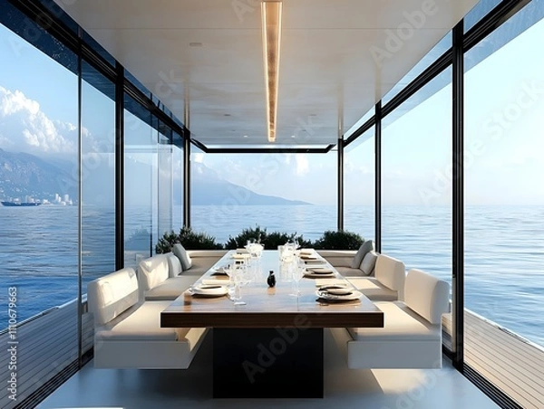 Obraz Private yacht dining area with minimalist design, modern furniture, and large windows showcasing stunning ocean views.