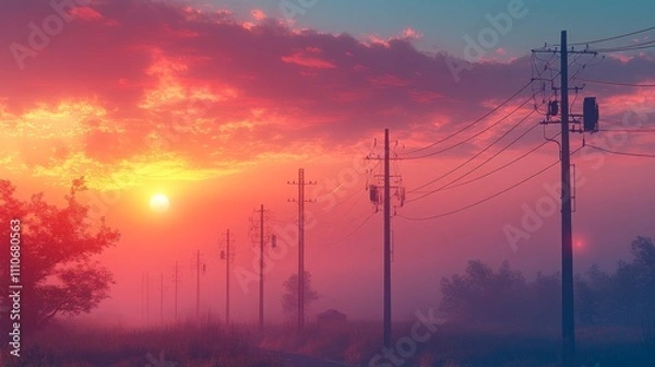 Fototapeta Utility Poles with Power Lines at Sunset