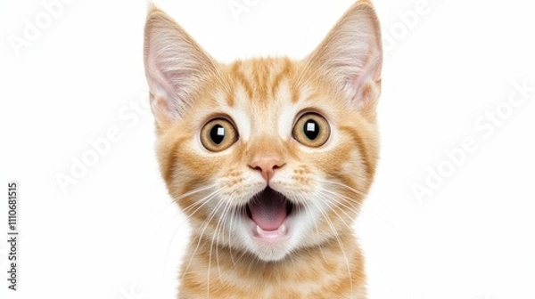 Fototapeta A surprised orange tabby cat with wide eyes and an open mouth against a white background.