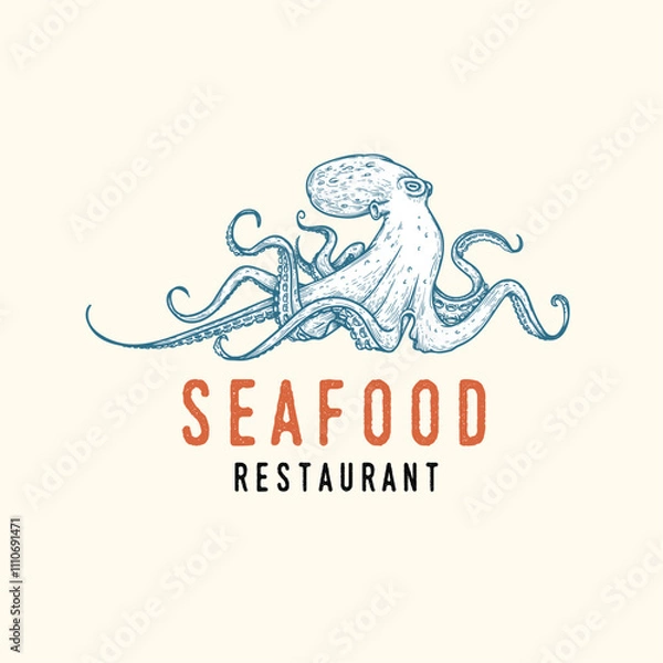 Fototapeta Seafood cover design template. Octopus in hand drawn sketch style. Best for nautical and marine designs. Vector illustration.