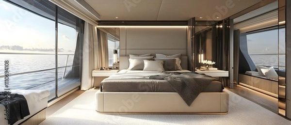 Obraz Refined yacht bedroom with neutral tones and modern finishes. Soft lighting and panoramic windows for a peaceful, upscale onboard experience.