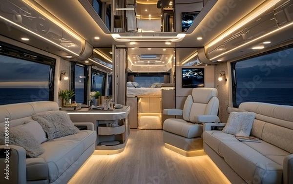 Obraz Sleek motorhome interior with modern furnishings and open layout. Designed for luxury and comfort, featuring soft lighting and premium materials.