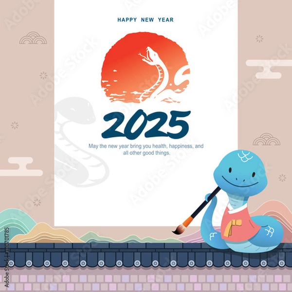 Fototapeta Korean New Year event design. A blue snake wearing a traditional Hanbok and holding a brush is delivering a New Year message for 2025.