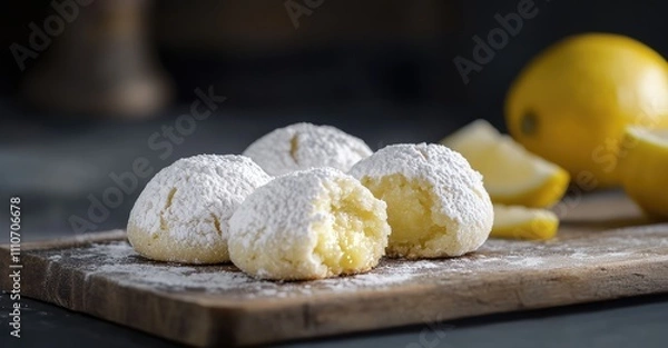 Fototapeta Crispy Lemon Crinkle Cookies Coated with Powdered Sugar. AI generated illustration.